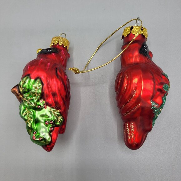 Blown Glass Red Cardinal Bird Christmas Ornaments Set Of 2 Holiday Tree Decor - Picture 5 of 8
